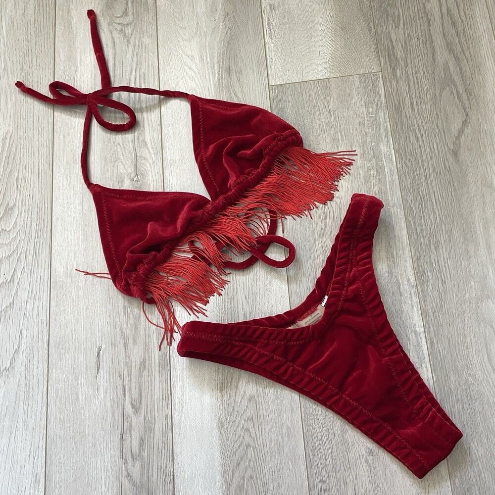Stardust Swim Bikini velvet fringe high cut thong womens Red medium beach retro